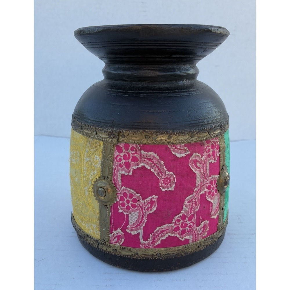 Vintage Indian Wooden Cloth Decorated Pot Wood 7.5"Container India